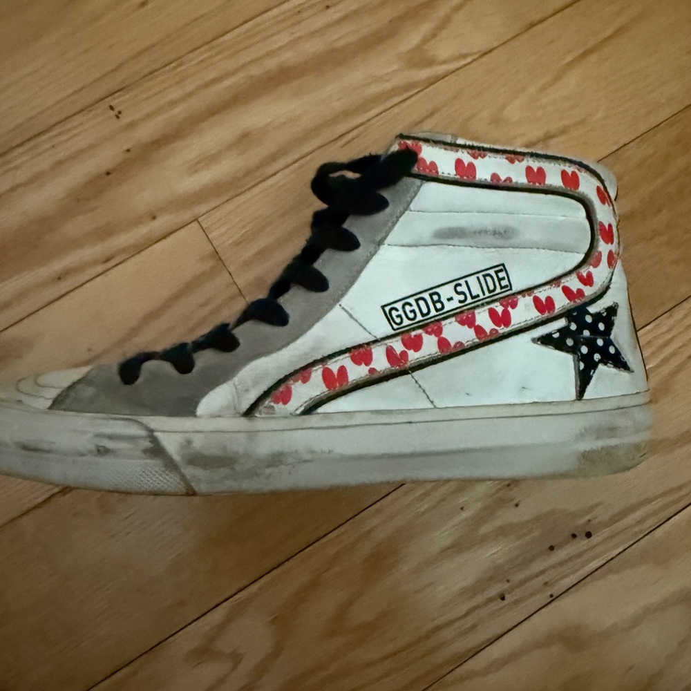 Golden Goose White and Red Heart Sneakers